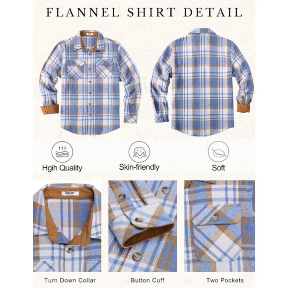 Coofandy Men Light Blue Flannel Plaid Button Down Jacket Shirt with Pockets - Picture 5 of 5